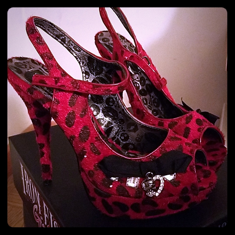 Crystal Skull Red Cheetah Iron Fist Heels